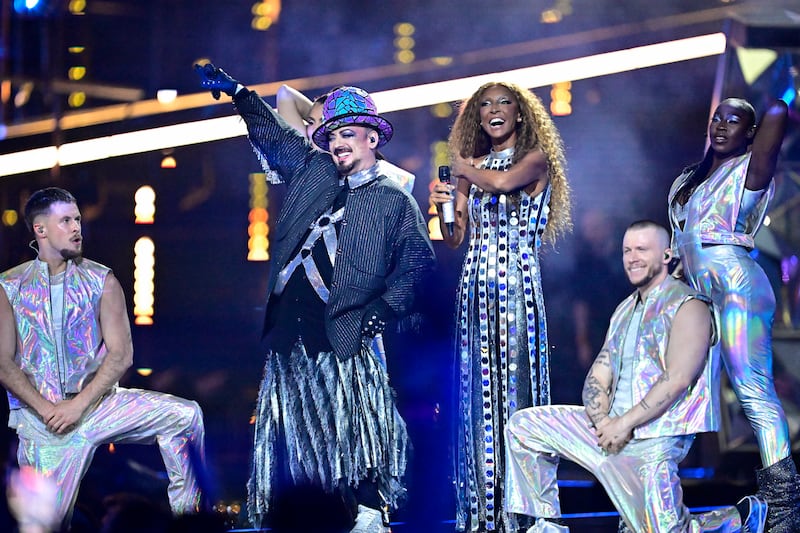 Boy George and Italian singer Senhit (third from right) representing San Marino with the song 'Superstar' in Tuesday's Eurovision Song Contest semi-final in Vienna. Photograph: Tobias Schwarz/AFP via Getty Images