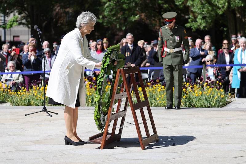 President Catherine Connolly lays a wreath at the 1916 Arbour Hill commemoration on Wednesday.
Photograph: Dara Mac Dónaill/The Irish Times