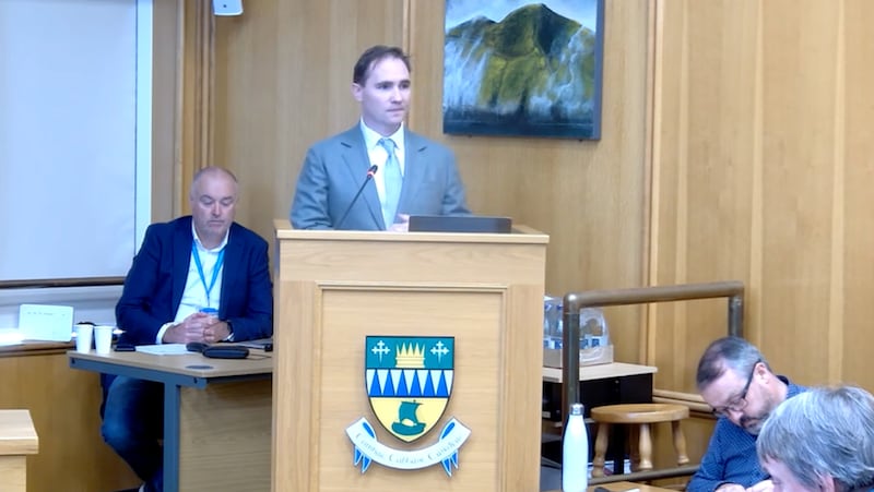 Nick Delahanty addressing councillors in Kerry while seeking their nomination to contest last year's presidential election. Photograph: Kerry County Council livestream
