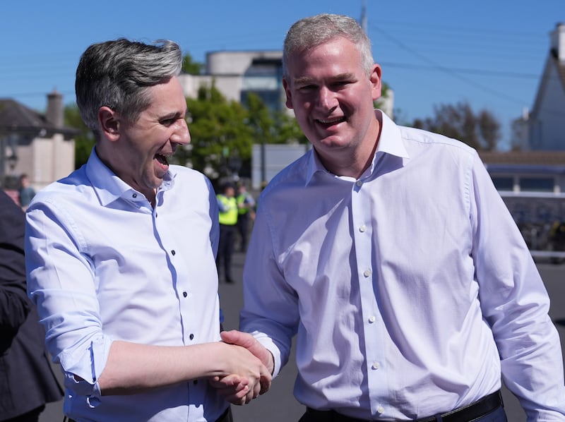 Tánaiste and Fine Gael leader Simon Harris with party candidate Seán Kyne. 
Photograph: Niall Carson/PA Wire