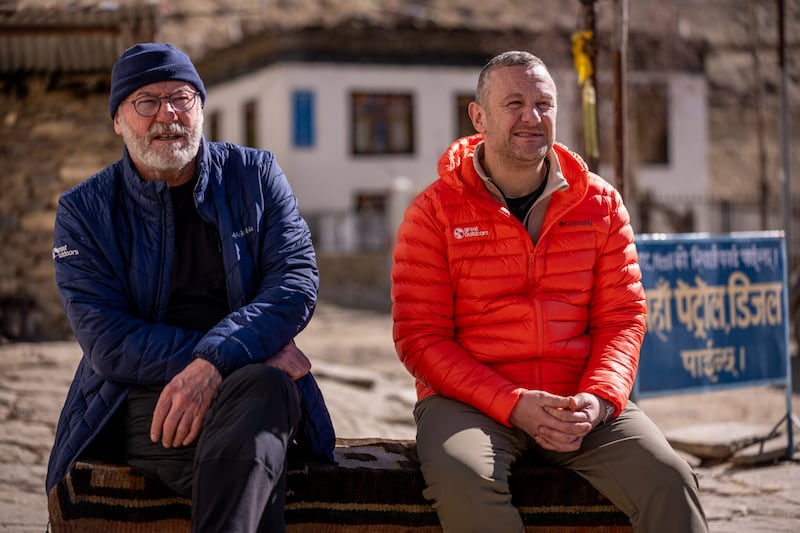 Liam Cunningham and PJ Gallagher take a motorbike trip through the Himalayas on Uncharted with Ray Goggins. Photograph: RTÉ