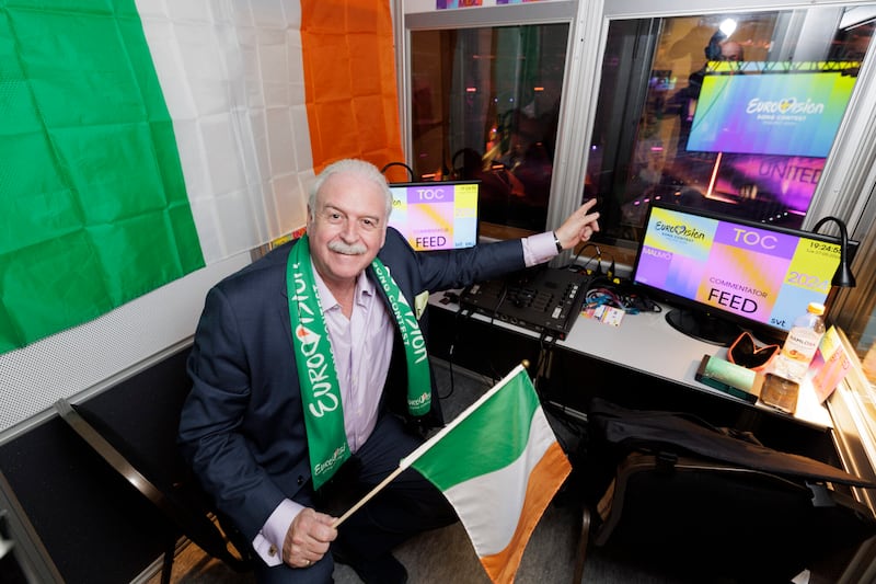 Marty Whelan celebrating his 25th year commentating on the Eurovision Song Contest in Malmo Arena, Sweden. Photograph: Andres Poveda
