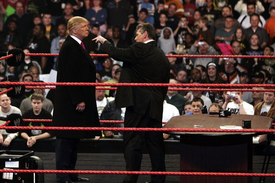Donald Trump goes hair to hair in the ring with WWE founder Vince McMahon in a staged publicity event in 2007. Photo: Getty