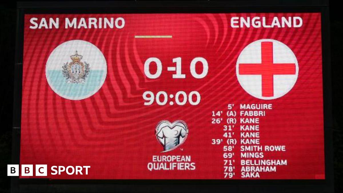 A scoreboard shows San Marino 0-10 England