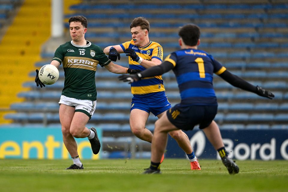 Paddy Lane of Kerry in action against Diarmuid O’Higgins of Roscommon during the Dalata Hotel Group All-Ireland U20 Football Championship semi-final at FBD Semple Stadium in Thurles. Photo: Sportsfile