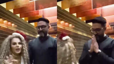 Rakhi Sawant says she's Abhishek Bachchan's fan since 'Guru' as she meets him at 'Raja Shivaji' screening, netizens call him a gentleman as he reacts