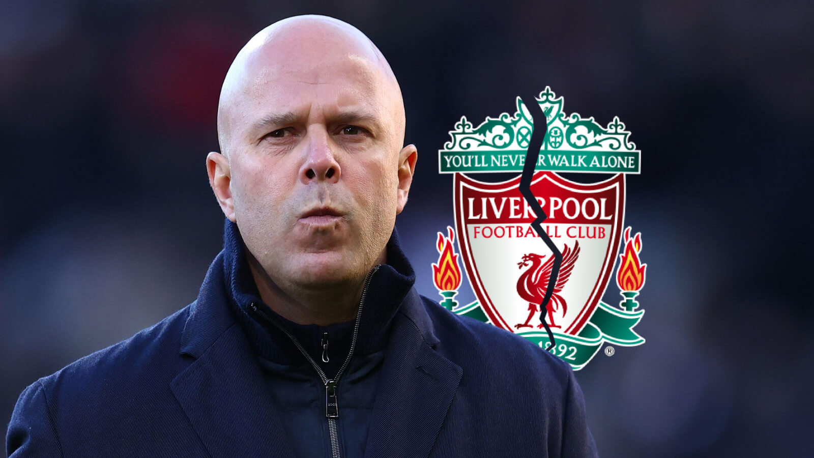 Arne Slot with a cracked Liverpool badge
