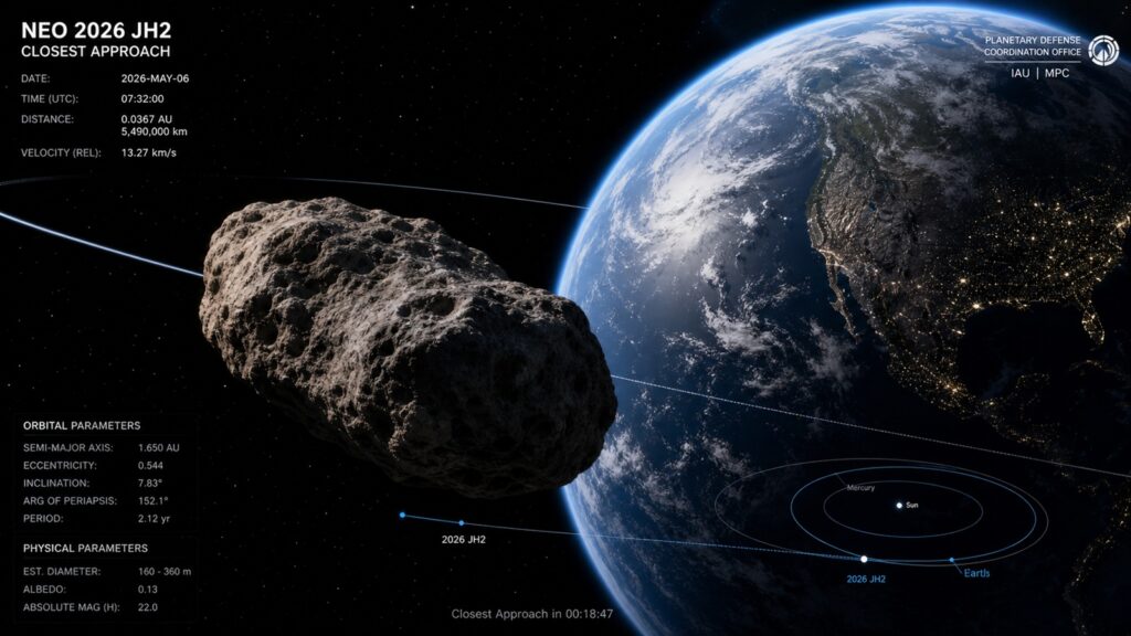 Asteroid 2026 JH2 passes near Earth during a closely monitored flyby.