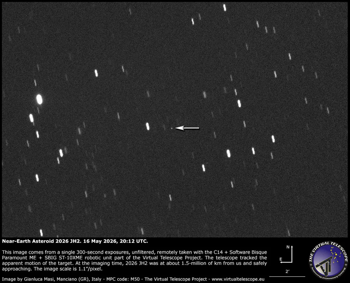 Image of asteroid 2026 JH2 captured by the Virtual Telescope Project, remotely via the Virtual Telescope Project in Manciano, Italy, 16 May 2026. Equipment: SBIG ST10-XME CCD camera, Celestron C14 Schmidt Cassegrain, Paramount ME mount