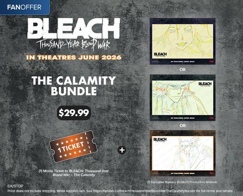 One (1) ticket to see BLEACH: Thousand-Year Blood War - The Calamity + one (1) Mystery Production Artwork Sheet, randomly selected from three (3) exclusive designs created specifically for this theatrical release, available only on Fandango for $29.99.