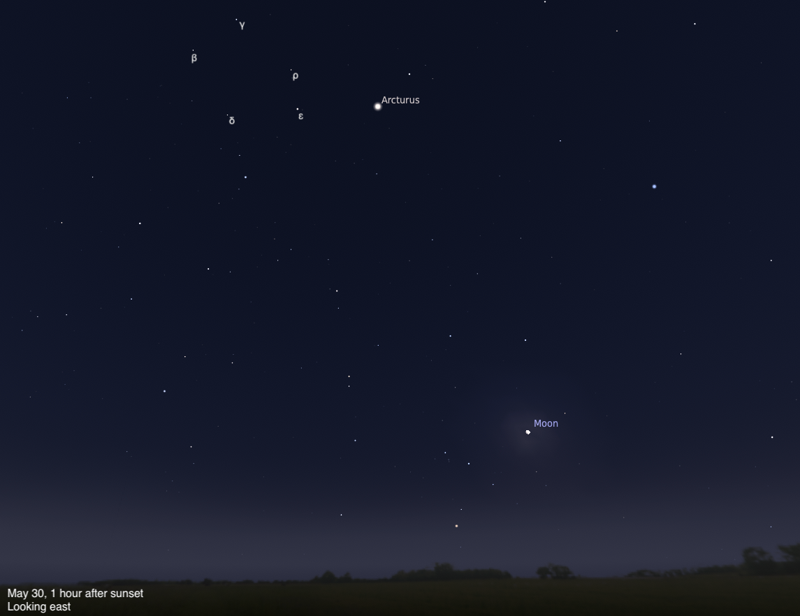A simulated night sky looking east on May 30, 2026, one hour after sunset. The bright orange star Arcturus, alpha star of the constellation Boötes, is prominently labeled near the center. Several Greek letter designations mark nearby stars of the constellation. A crescent Moon is visible low on the right horizon.
