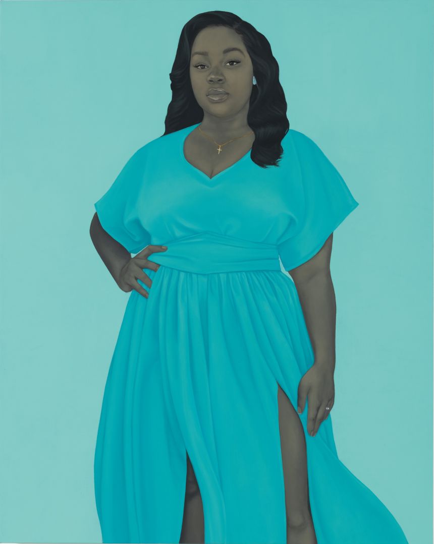 Sherald's portrait of Breonna Taylor features a wedding ring to represent the love she shared with her partner, who had planned to propose before her death. The cross on Taylor's neck shows her faith.