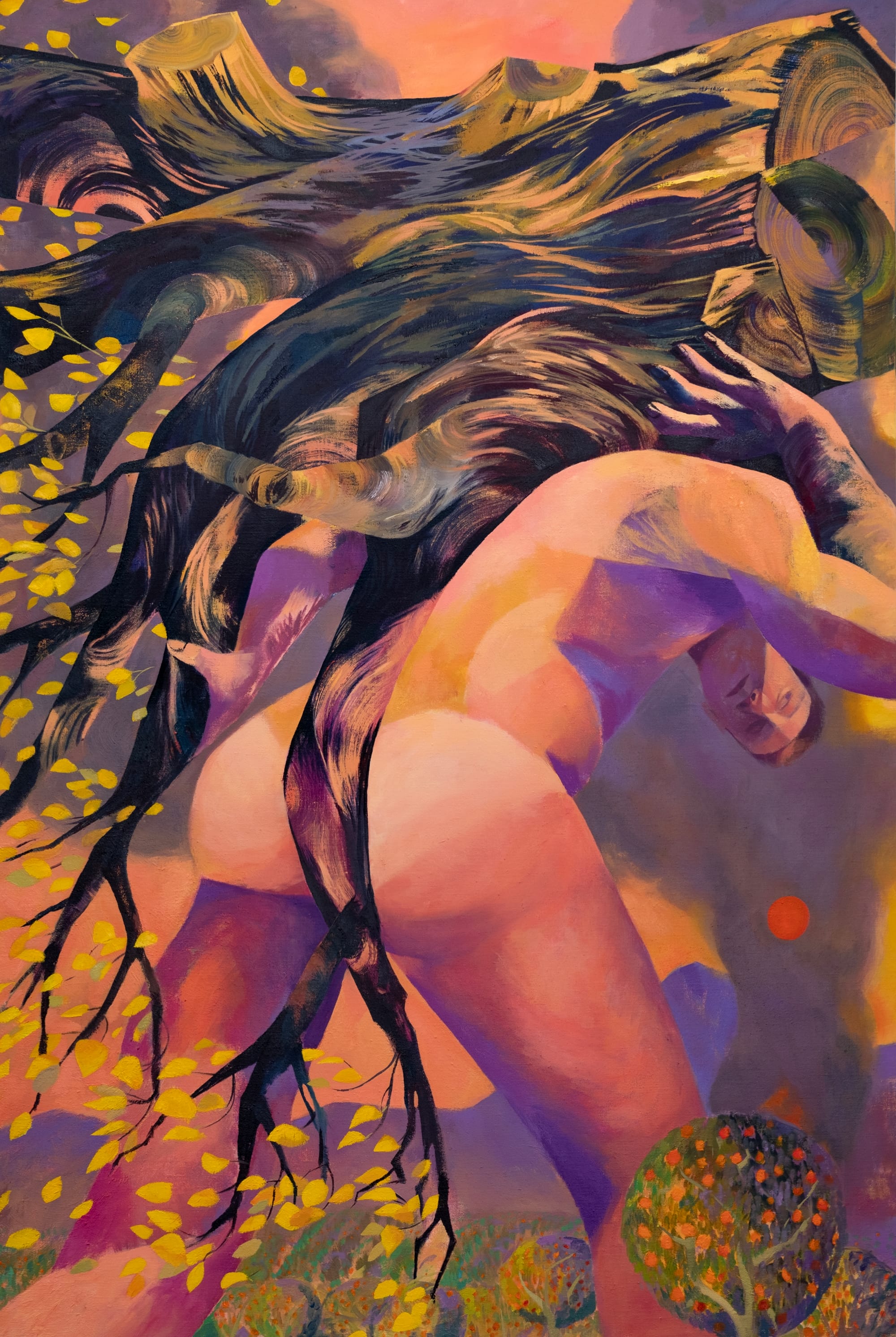 a painting by J Carino of a nude figure with a tree in nature, rendered with blocks of color and gestural brushstrokes