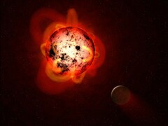 An illustration showing a red dwarf and a planet.