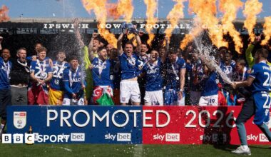 Ipswich celebrate after beating QPR to seal promotion from the Championship