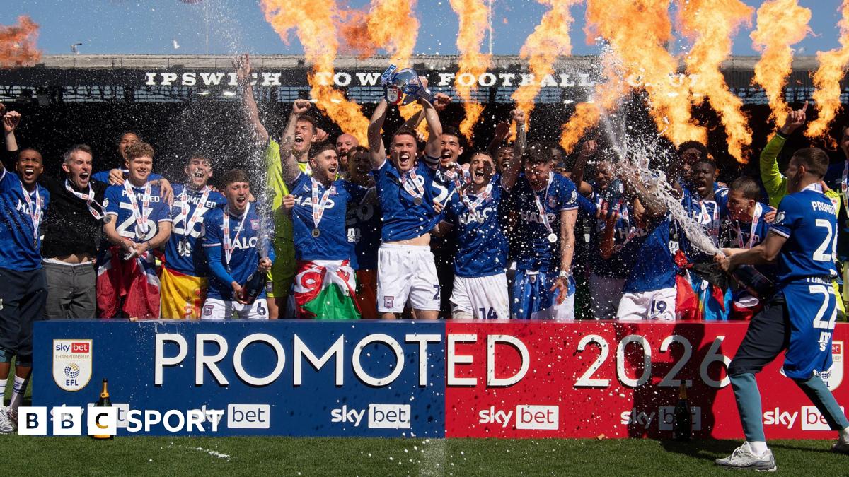 Ipswich celebrate after beating QPR to seal promotion from the Championship