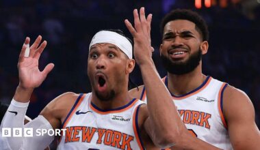 The New York Knicks' Josh Hart and Karl-Anthony Towns