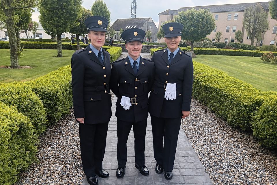 Probationer gardaí Ciara Kearns, Simon O'Driscoll, and Katelynn Doran, at the Templemore Garda Training College on Friday.