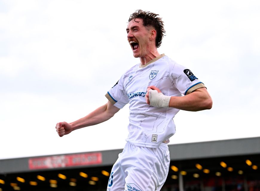 John Martin celebrates after scoring Shels' first of the night. Photo: Stephen McCarthy/Sportsfile