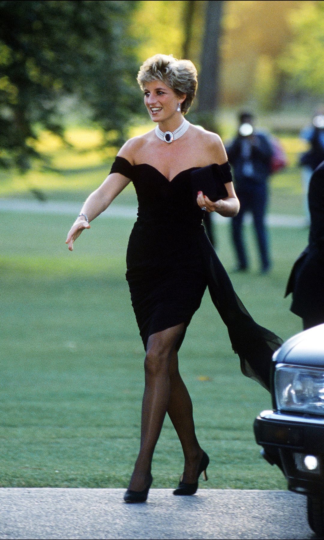 Princess Diana (1961 - 1997) arriving at the Serpentine Gallery, London, in a gown by Christina Stambolian, June 1994