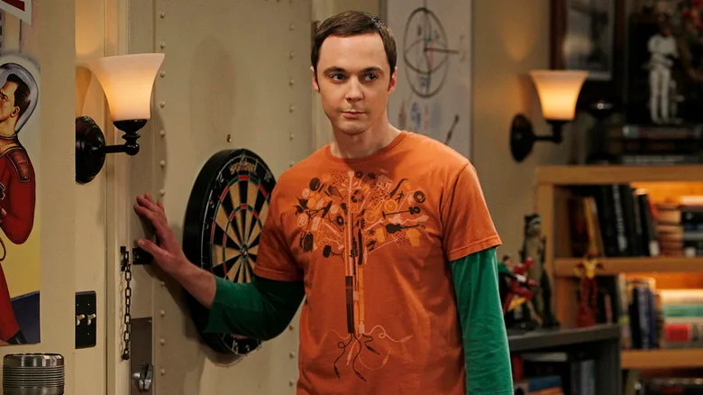 Sheldon Cooper (Jim Parsons) touching his apartment door on "The Big Bang Theory."