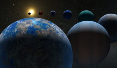 A series of illustrated worlds orbit next to each other through space.