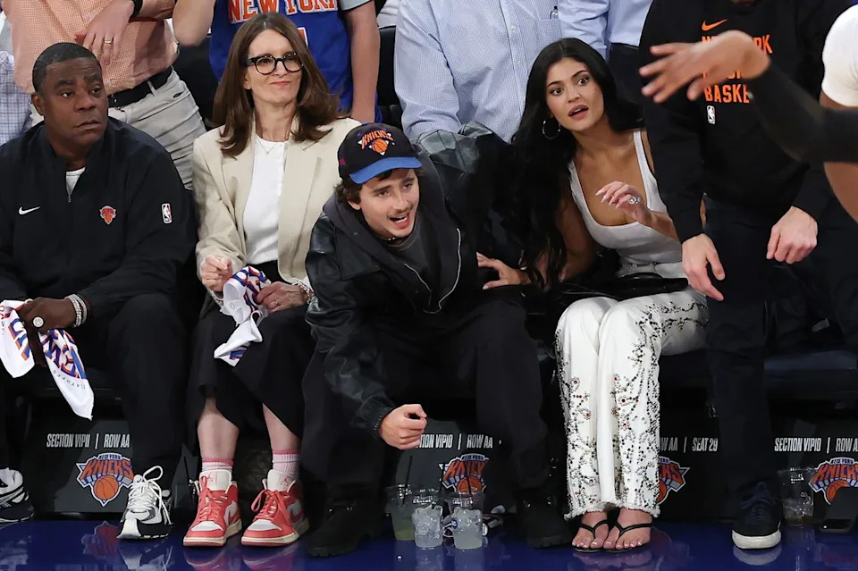 Tracy Morgan, Tina Fey, Timothée Chalamet and Kylie Jenner watch the New York Knicks play at Madison Square Garden on April 28.Credit: Sarah Stier/Getty