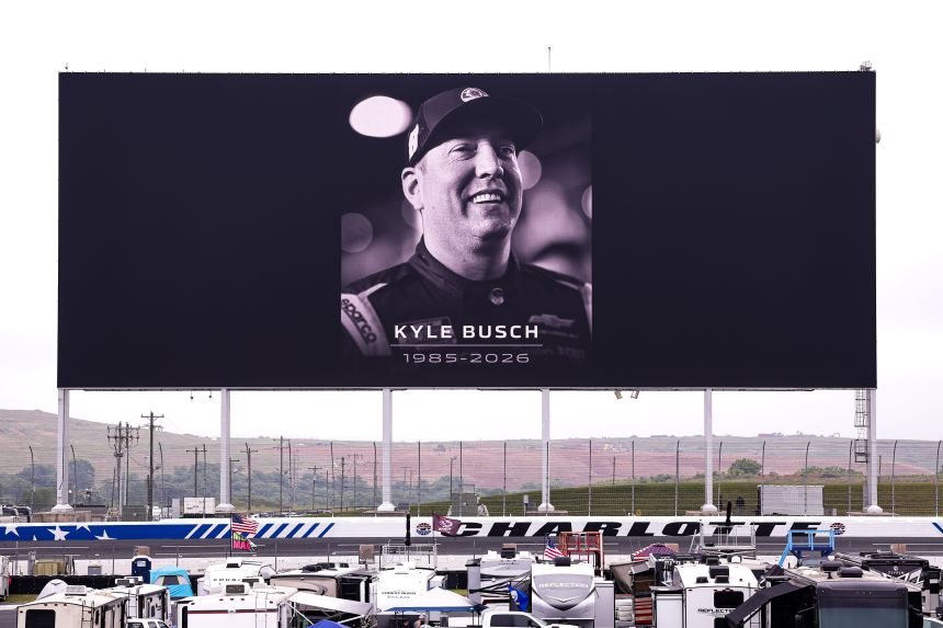A Kyle Busch tribute is seen at Charlotte Motor Speedway ahead of Truck Series practice on Friday.