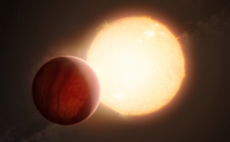 Large gas giant planet close to, and partly blocking, a bright sunlike star.