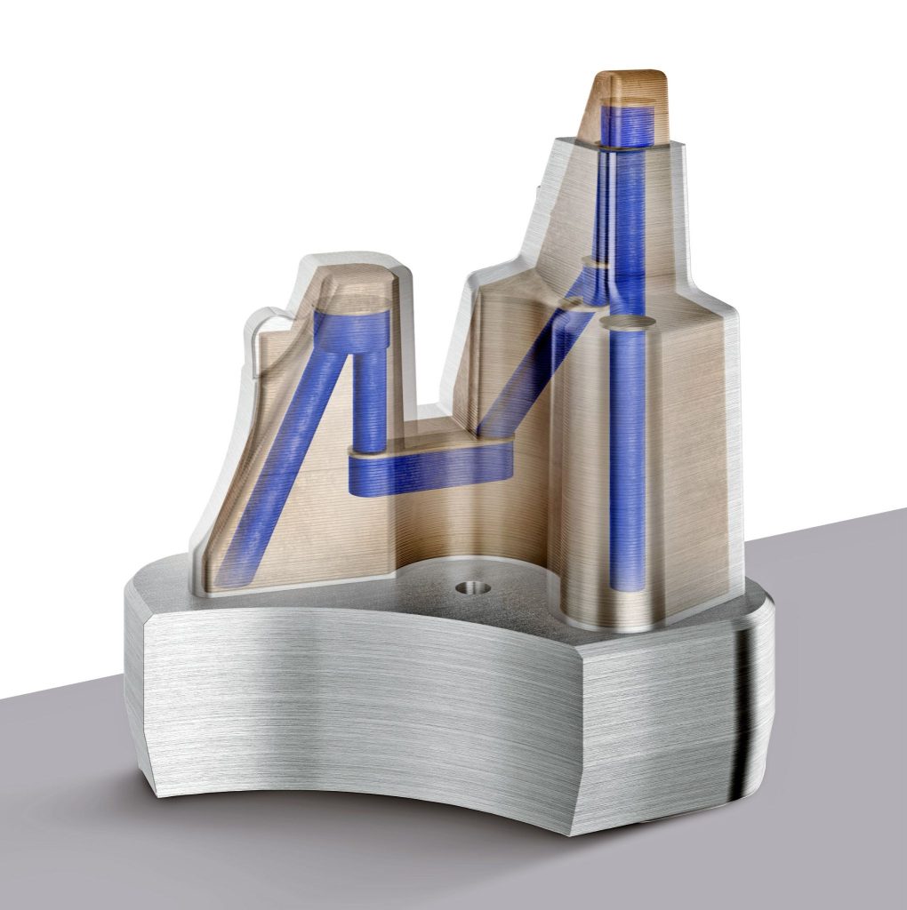 Mould cores exhibit significantly increased cooling for faster component ejection if copper with conformal cooling channels is incorporated into a 3D-printed design. Image via DMG Mori.