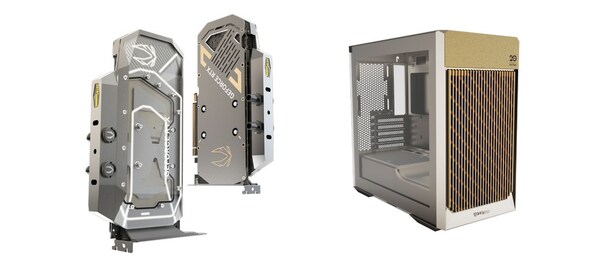 Left – ZOTAC GAMING GeForce RTX™ 5080 Liquid Cooled Prototype; Right — 20th Anniversary Edition ZOTAC GAMING ALLOY mATX Case Left – ZOTAC GAMING GeForce RTX™ 5080 Liquid Cooled Prototype; Right — 20th Anniversary Edition ZOTAC GAMING ALLOY mATX Case