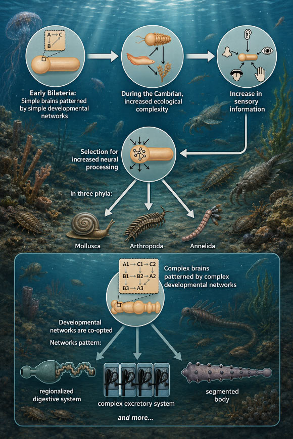Schematic representation of the main points of the Brain First Hypothesis. Image credit: Ariel D. Chipman, doi: 10.1002/bies.70136.