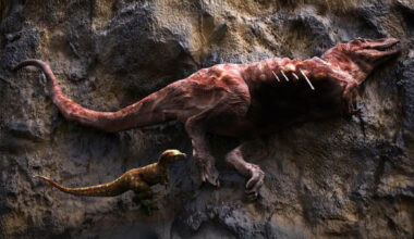 Visualization of a small tyrannosaur feeding on a carcass of a larger tyrannosaur. Image credit: Yu Xin, Shen Li & Liang Junwei, Aarhus Universitet.