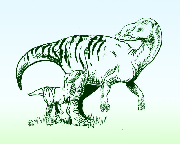 An artist’s reconstruction of adult Maiasaura and young. Image credit: Brian Regal.