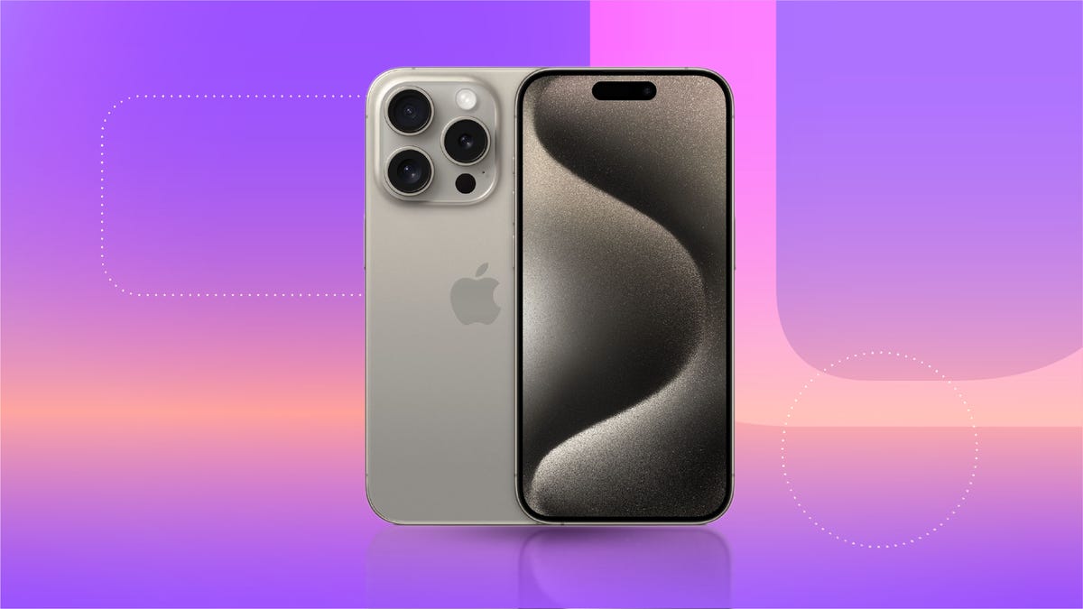 Front and back of the iPhone 15 Pro Max Titanium on a purple gradient background