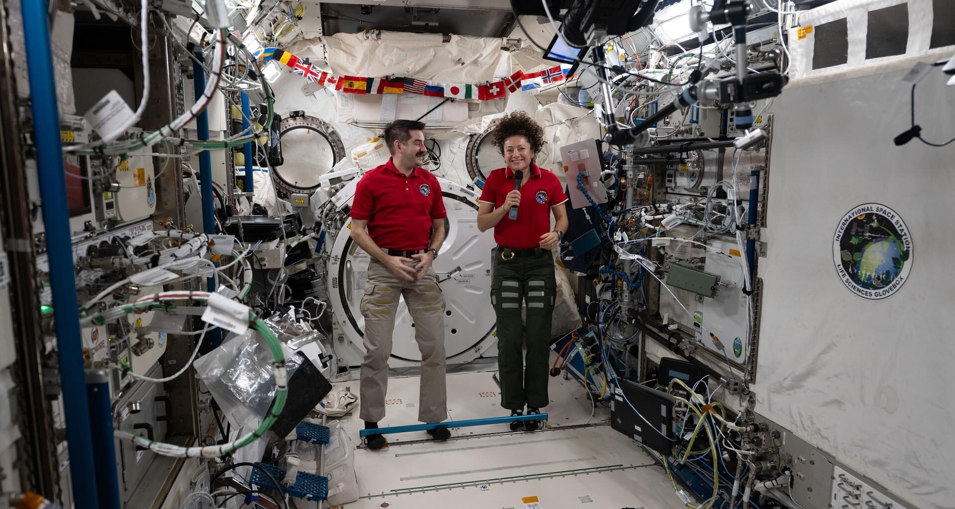 NASA astronauts Jack Hathaway and Jessica Meir, both Expedition 74 flight engineers, answer questions inside the International Space Station’s Kibo laboratory module during a live downlink event with Connecticut Public Radio. Hathaway is a native of South Windsor, Connecticut, while Meir is from Caribou, Maine.