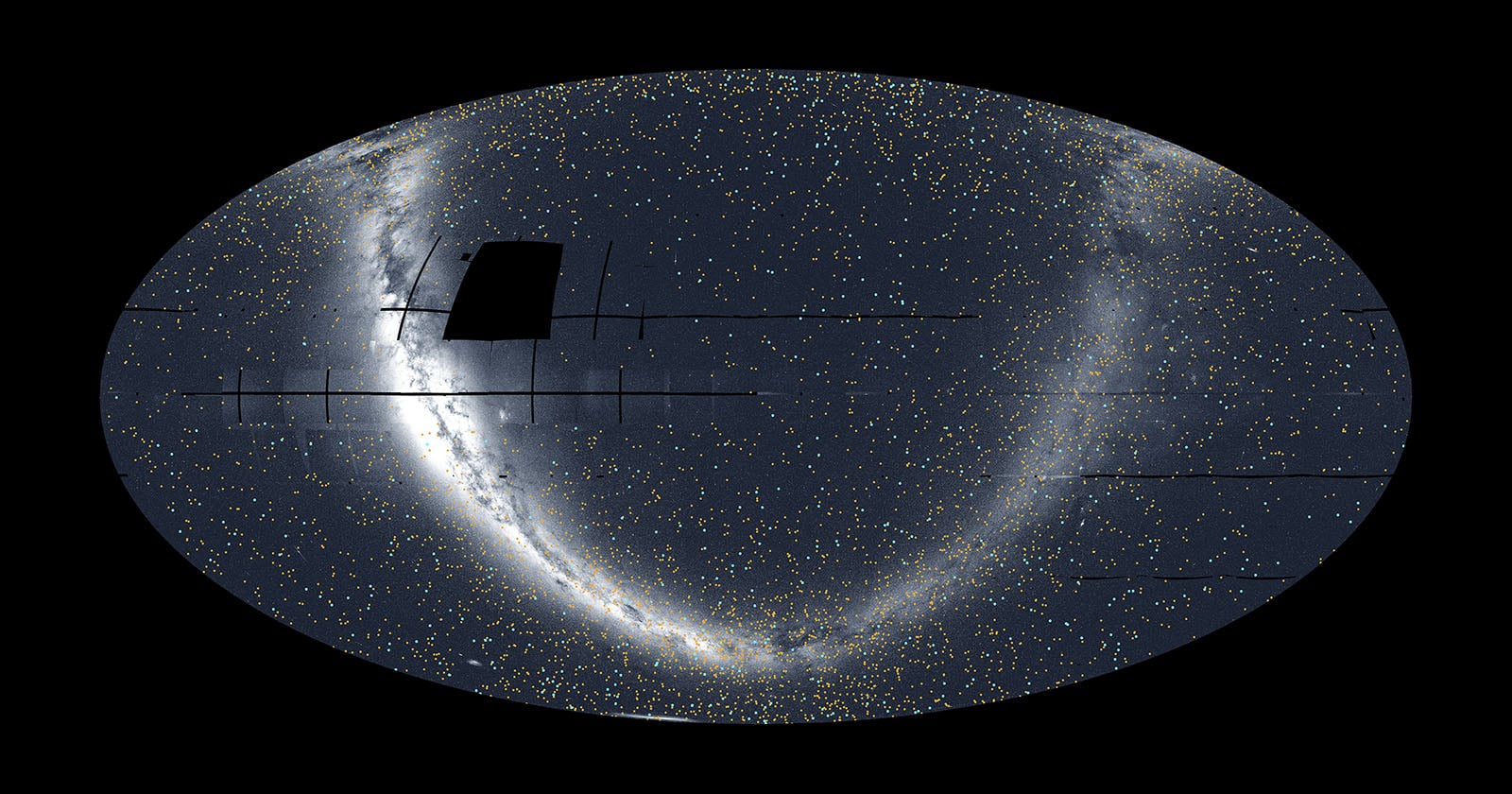 A wide, oval-shaped map of the night sky filled with tiny stars. A dense, bright arc of stars curves from the top left to the bottom right. A dark rectangular patch appears near the top left within the star field.