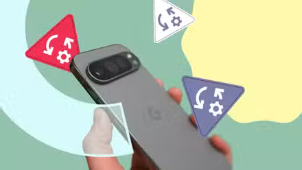 A hand holding a Google Pixel smartphone with floating 'Rules' icons around it
