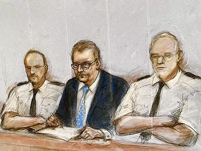 Court artist drawing by Elizabeth Cook of Sir Jeffrey Donaldson appearing at Newry Crown Court