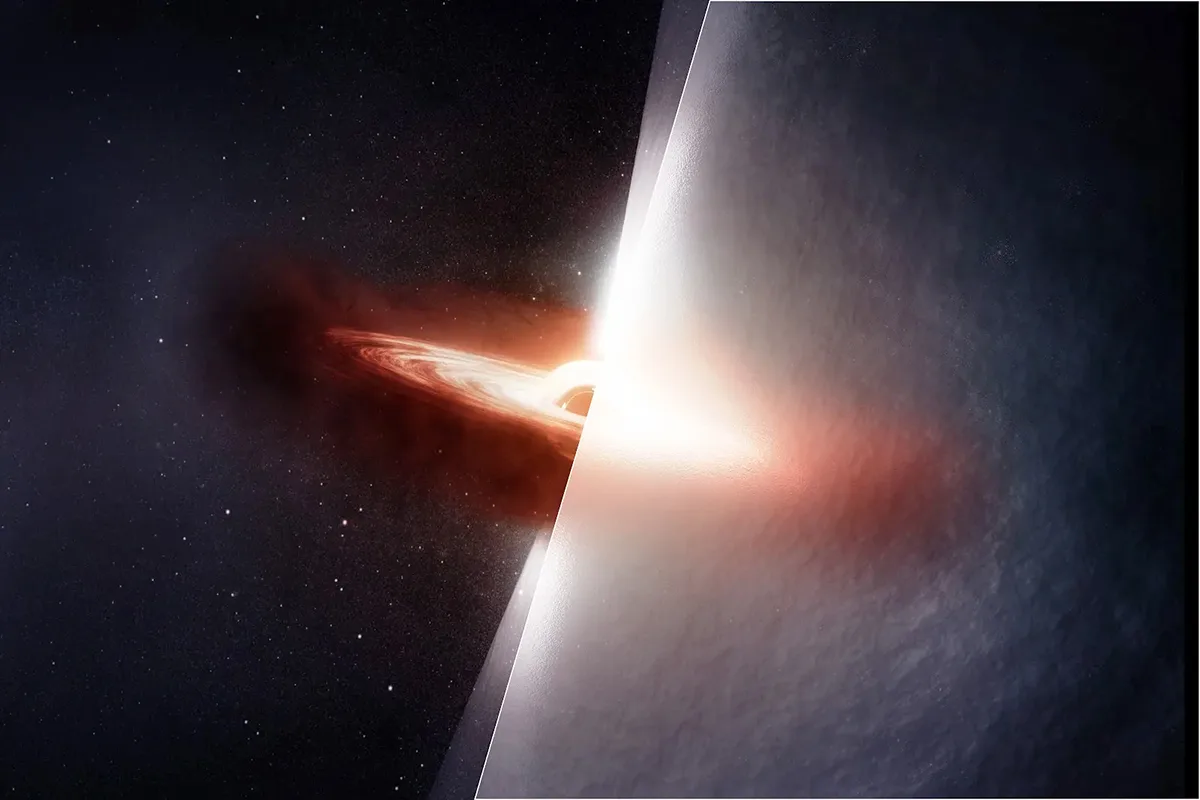 Artist's impression of quasar TXS 2005+403. Left shows the quasar as it really is. Right shows how turbulent gas distorts our view. Credit: Melissa Weiss/CfA