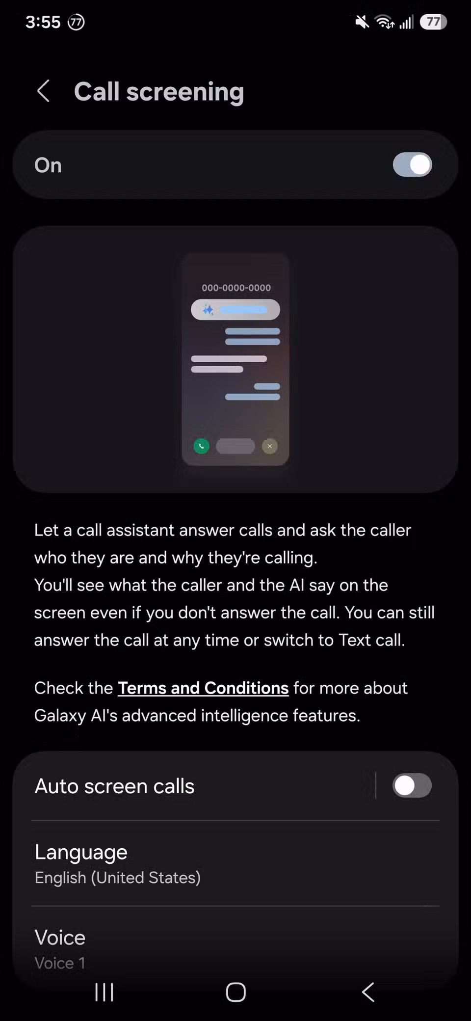 Samsung phone all with the call screening feature toggle and custom settings and description