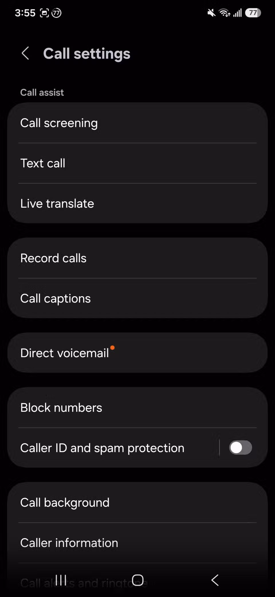 A list of Call settings in the Samsung phone app