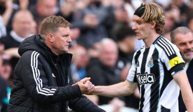 Newcastle head coach Eddie Howe (left) and Anthony Gordon