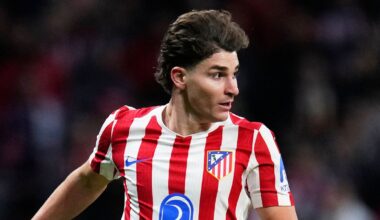 Atletico Madrid's Julian Alvarez during the Champions League opening phase soccer match between Atletico Madrid and Bodo Glimt in Madrid, Spain, Wednesday, Jan. 28, 2026. (AP Photo/Manu Fernandez)