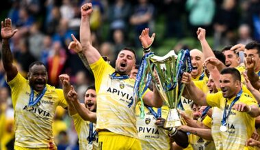 20 May 2023; Gregory Alldritt, left, and Romain Sazy of La Rochelle lift the trophy after the Heineken Champions Cup Final match between Leinster and La Rochelle at Aviva Stadium in Dublin. Photo by Ramsey Cardy/Sportsfile