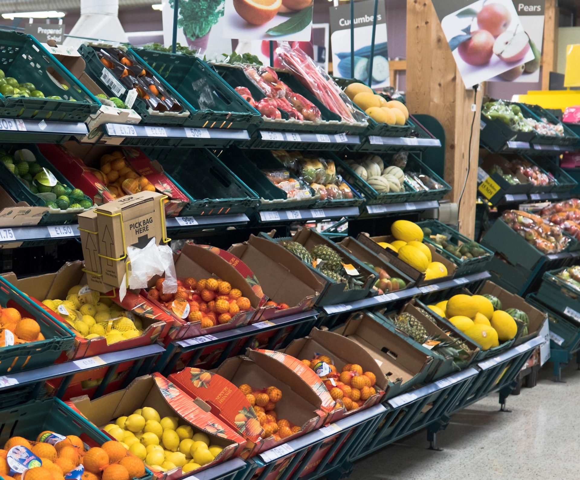 Climate change affecting food prices: Fruit on display in a Tesco supermarket in 2018.