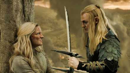 Morfydd Clark and Charlie Vickers crossing blades in the Rings of Power Season 2 finale