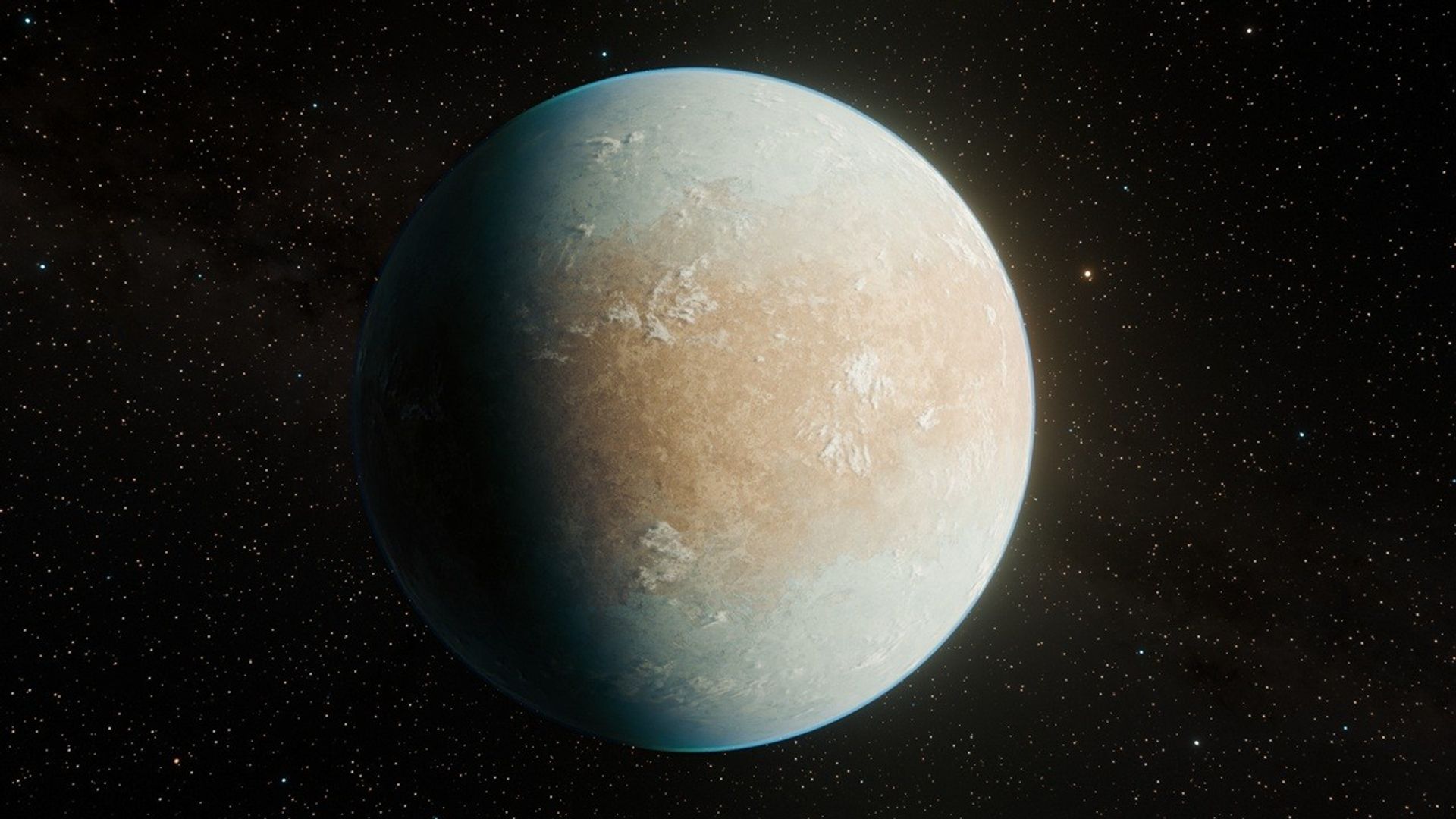 A blue and brown exoplanet sits in the darkness of space, part of its left side covered by shadow