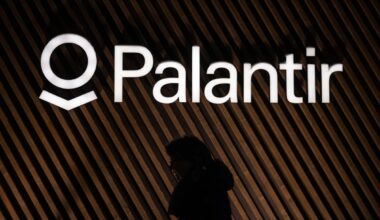 A shadowy figure walking past the Palantir logo on a wall.