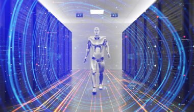 An android robot walking inside a data center.